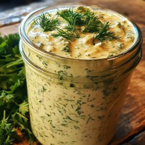 Herby ranch dressing in mason jar with fresh herbs