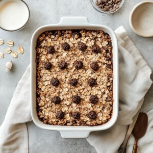 Baked oatmeal with dark chocolate chunks and rolled oats in a white dish